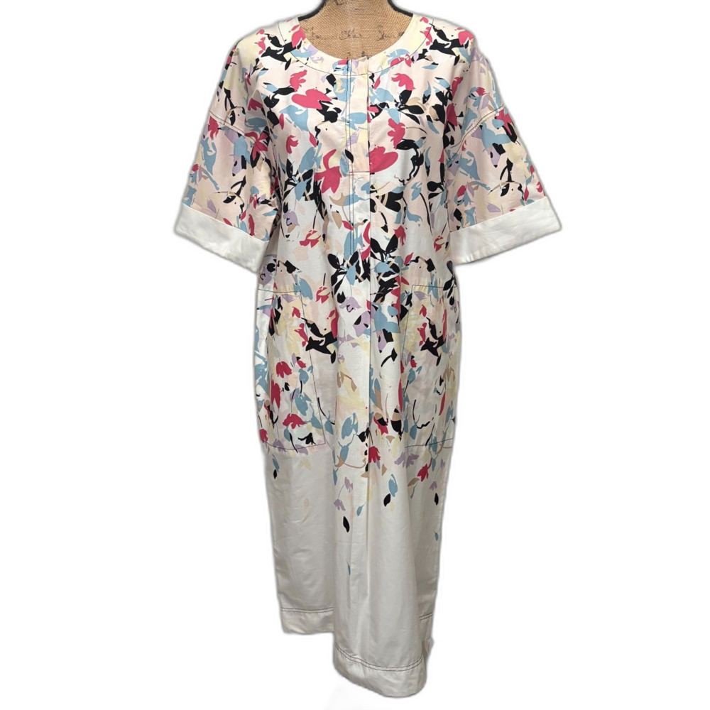 Donna Karan Floral White Cotton Shift Dress‎ Pockets Garden Party Size Medium